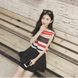 TE8891YGFS Stripes lacing back tops with skirt