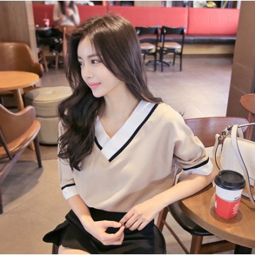 TE9170AYE Simple contract color v neck short sleeve tops