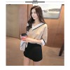 TE9170AYE Simple contract color v neck short sleeve tops