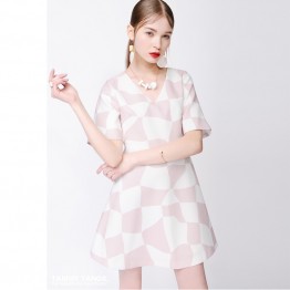 TE9649LLYG Europe fashion pink checks gentlewomen slim v neck dress