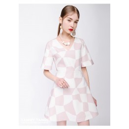 TE9649LLYG Europe fashion pink checks gentlewomen slim v neck dress