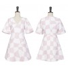 TE9649LLYG Europe fashion pink checks gentlewomen slim v neck dress