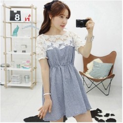 TE9917WJYS Korean style lace petal spicing check gentlewomen dress