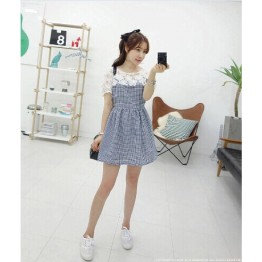 TE9917WJYS Korean style lace petal spicing check gentlewomen dress