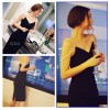 TE9930YBF V neck off shoulder pearls strap slim dress