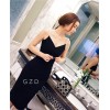 TE9930YBF V neck off shoulder pearls strap slim dress