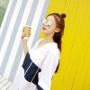 TE5269QBY Summer new style trendy blue wide stripe long t-shirt with cap