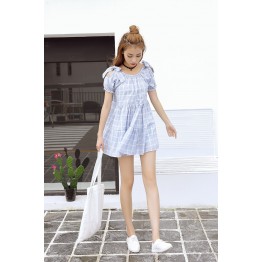 TE5274QBY Sweet fresh preppy style checks bowknot off shoulder doll dress