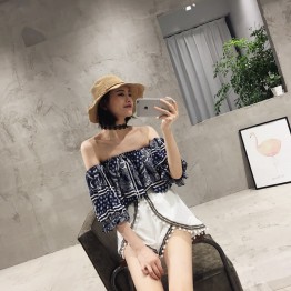 TE5277QBY Elastic off shoulder vintage totem print tops