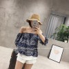 TE5277QBY Elastic off shoulder vintage totem print tops