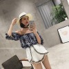 TE5277QBY Elastic off shoulder vintage totem print tops