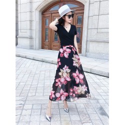 TE9951YBF Fashion sexy lacing short sleeve t-shirt with print chiffon skirt