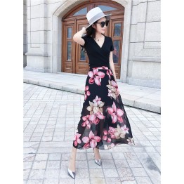 TE9951YBF Fashion sexy lacing short sleeve t-shirt with print chiffon skirt