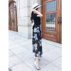 TE9951YBF Fashion sexy lacing short sleeve t-shirt with print chiffon skirt