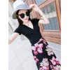 TE9951YBF Fashion sexy lacing short sleeve t-shirt with print chiffon skirt