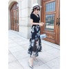 TE9951YBF Fashion sexy lacing short sleeve t-shirt with print chiffon skirt