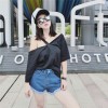 TE9957YBF Fashion pure color off shoulder boat neck t-shirt