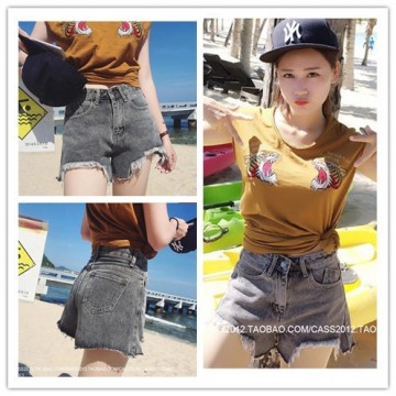 TE5145DDFS Empire waist irregular rough edge denim shorts