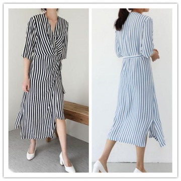 TE6433YZS Fashion vertical stripes irregular slim waist dress