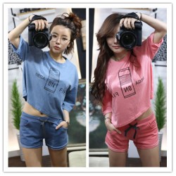 TE6434YZS Candy color macarons batwing sleeve letter print t-shirt with shorts