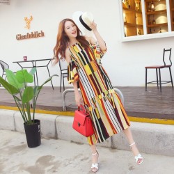 TE6436YZS Holiday style geometry colorful stripes off shoulder backless beach maxi dress