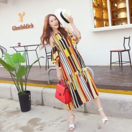 TE6436YZS Holiday style geometry colorful stripes off shoulder backless beach maxi dress