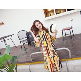 TE6436YZS Holiday style geometry colorful stripes off shoulder backless beach maxi dress