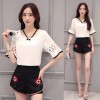 TE8825JDYJ Lace splicing chiffon shirt with embroidery shorts