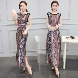 TE8826JDYJ Geometry pope vintage print empire waist side slit maxi dress