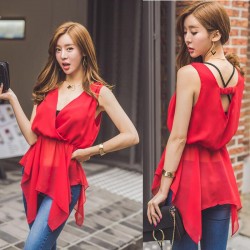 TE6442YZS Fashion slim waist temperament hollow out backless chiffon tops