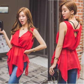 TE6442YZS Fashion slim waist temperament hollow out backless chiffon tops