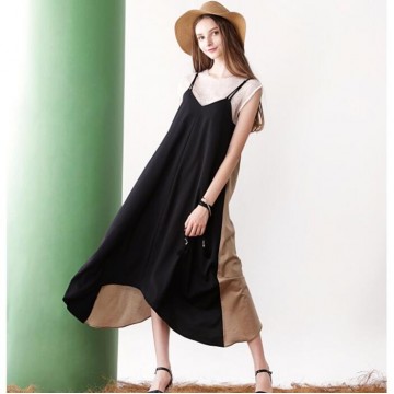 TE6449YZS Europe fashion color matching backless loose gallus dress