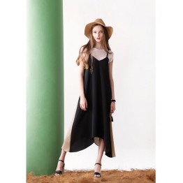 TE6449YZS Europe fashion color matching backless loose gallus dress