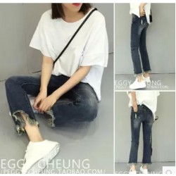 TE5080DDFS New style abrade bottom irregular tassel bell-bottoms jeans