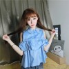 TE648YRYY Preppy style off shoulder stringy selvedge lotus leaf doll tops