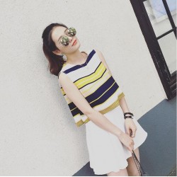 TE6685YRYY Loose stripes lacing back sleeveless tops with skirt