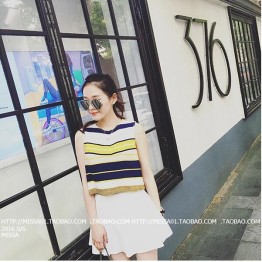 TE6685YRYY Loose stripes lacing back sleeveless tops with skirt