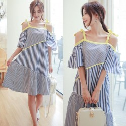 TE6453YZS Contact color boat neck backless off shoulder stripes irregular gallus dress