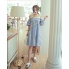 TE6453YZS Contact color boat neck backless off shoulder stripes irregular gallus dress