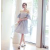 TE6453YZS Contact color boat neck backless off shoulder stripes irregular gallus dress