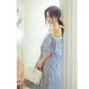 TE6453YZS Contact color boat neck backless off shoulder stripes irregular gallus dress