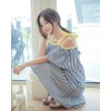 TE6453YZS Contact color boat neck backless off shoulder stripes irregular gallus dress