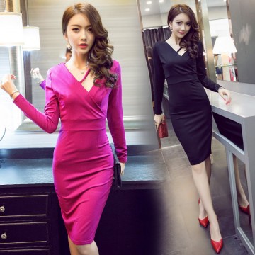 TE9190WMSS Europe fashion sexy slim v neck splicing long sleeve dress