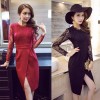 TE9221WMSS Europe fashion OL temperament lace long sleeve dress