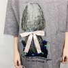 TE302DDNZ Plus size cute girl portrait silk bowknot print loose round neck fleece t-shirt