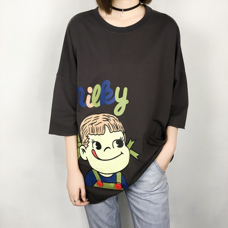 Te305ddnz Plus Size Cute Girl Print Loose Round Neck Fleece T Shirt
