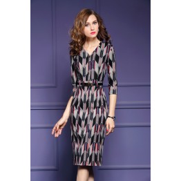 TE6676VIP Autumn new style v neck geometry print slim tight hip dress