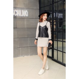 TE679YRYY Korean fashion leather splicing fake two piece long shirt