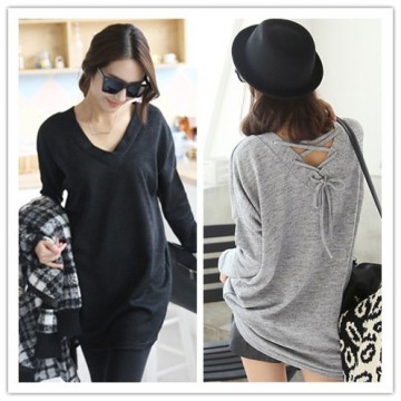 TE1385GJWL New style Korean fashion casual loose back lacing v neck t-shirt
