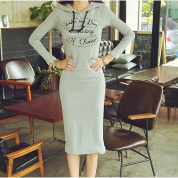 TE1390GJWL Korean fashion print slim long dress with cap